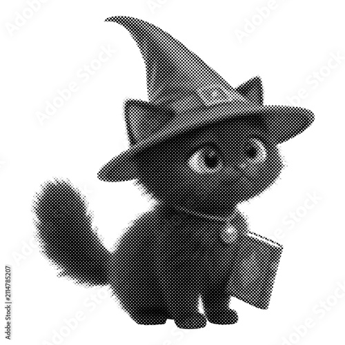 Cute black cat wearing a witch hat illustration. Monochrome Halloween kitten holding a spell book. Whimsical vector mascot with halftone texture.