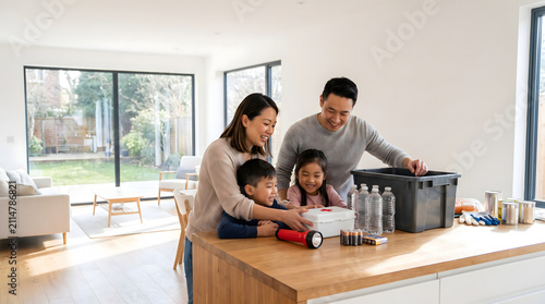 Asian Family Preparing Emergency Kit with First Aid and Supplies Together at Home.