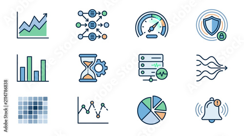Industrial Style Icons Set Showing Data Analytics Security Performance Alerts and Business Metrics in Flat Design