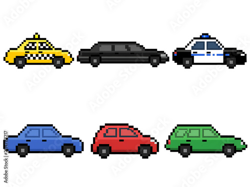 Pixel art cars icons on white background, retro 8-bit vehicles set, taxi sedan and police car sprites for games