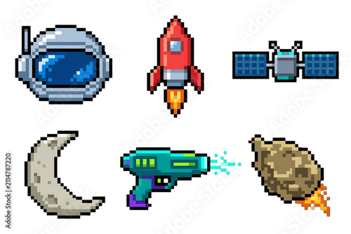 Retro pixel art space icons, 8-bit spaceship and rocket, arcade game UI assets with satellite, blaster and planet