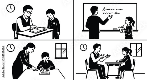 Classroom scenes with students and teachers black and white vector illustration series education learning teaching
