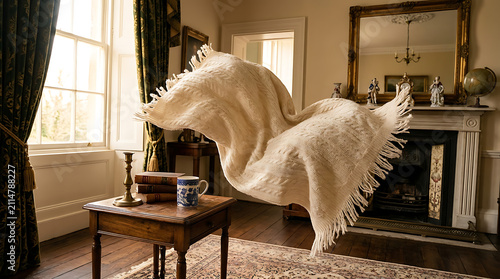 Cozy Knitted Blanket Levitating Mid Air in an Elegant Living Room with Natural Light