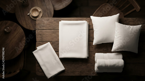Cozy Living Room Arrangement with Stacked White Cushions and Rolled Towels on Rustic Wooden Table Overhead View