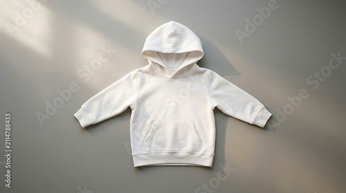 Cozy White Baby Hoodie with Front Pocket and Hood Laying Flat on a Neutral Gray Background with Soft Sunlight Shadows