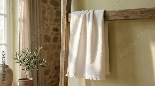 Decorative White Cotton Hand Towel with Subtle Textured Dots Hanging on a Rustic Wooden Ladder in a Sunlit Room