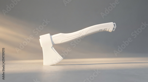 Detailed 3D Render of a White Pixelated Axe with Sunlight Rays and Soft Shadows on a Neutral Background