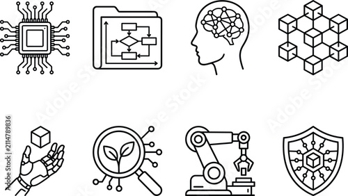Artificial intelligence machine learning industrial automation and tech blockchain line icon set for future data computing