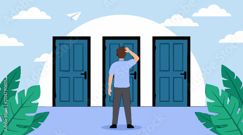 Foto Man facing three doors, contemplating choices and future decisions