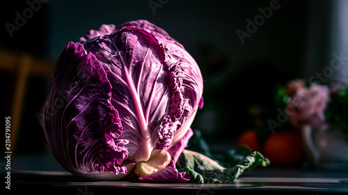 Fresh whole red cabbage on kitchen table with vegetable ingredient nutrition foodstuff
