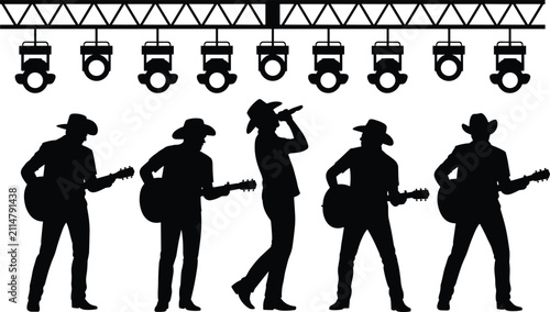 Silhouettes of a country music band performing on stage under bright concert lighting