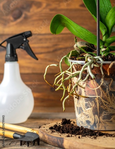 A potted plant on a wooden table with gardening tools and soil