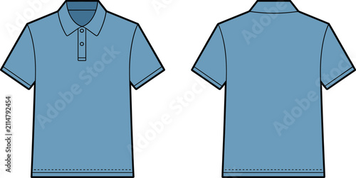 Detailed vector fashion design flat sketch presenting a classic blue short sleeve polo shirt for apparel manufacturing