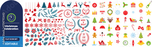 Large collection of colorful hand drawn christmas icons and festive design elements for seasonal holiday graphic projects