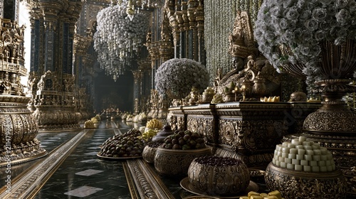 Elaborate hallway displays rich offerings within a grand, ornate hall.