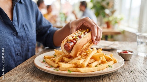 African american woman eating hot dog with french fry at restaurant table. Delicious fast food lunch meal. Unhealthy snack and junk food lifestyle concept for social dining setting