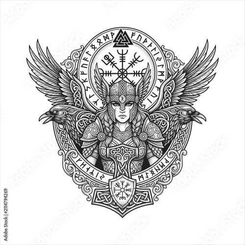 Intricate black and white Valkyrie portrait with raven wings, Vegvísir compass, Nordic runes, Celtic knotwork, and Viking armor in an ornate tattoo-inspired illustration