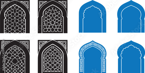 Set of vector islamic arch designs with geometric patterns and traditional middle eastern architectural frames