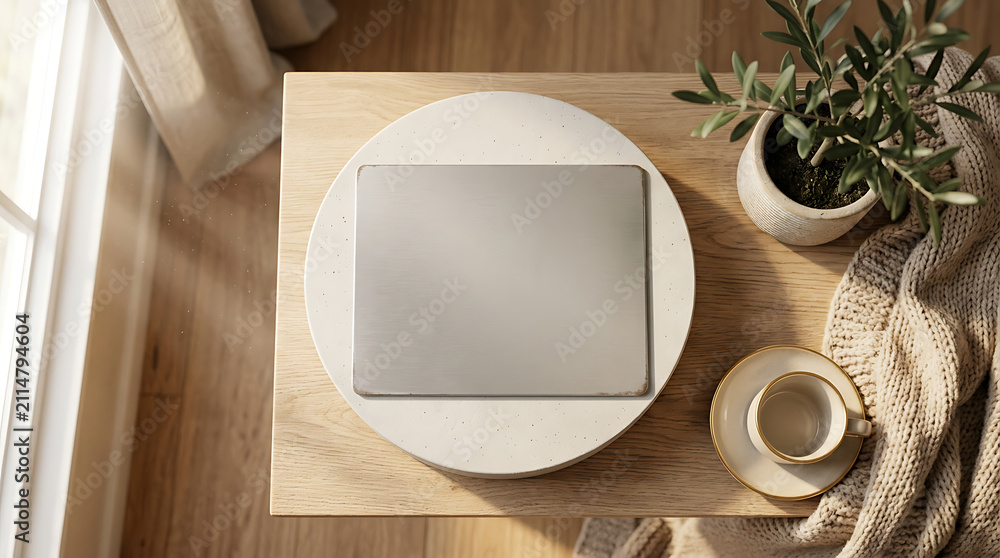 Obraz premium Minimalist Home Office Setup With A Sleek Laptop On A Wooden Table Near A Window With Natural Light And A Small Plant
