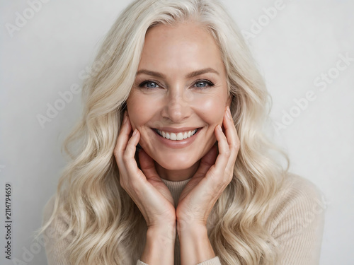 Elegant senior woman with long platinum blonde hair, smiling mature female face in beauty portrait, healthy aging and skincare concept