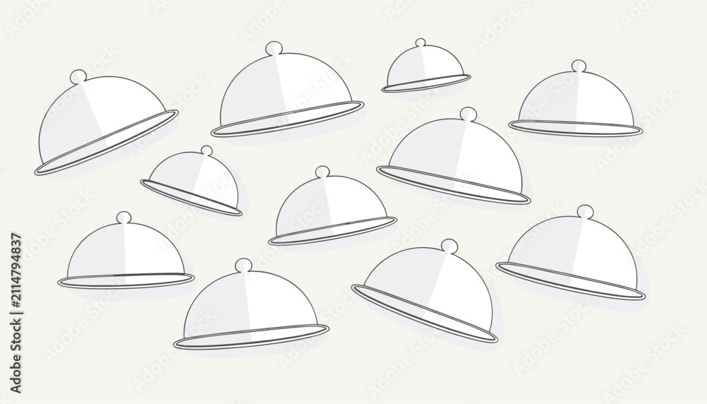 Fototapeta premium Food cover domes in sketch style floating on a light grey background represent restaurant service, cooking, and luxury dining.