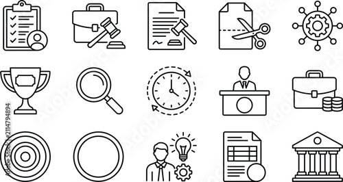 Corporate law and business management line icons set featuring legal compliance financial banking and strategic planning