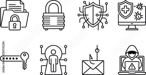 Konstfotografi Cyber security and antivirus line icons set with data protection phishing lock h