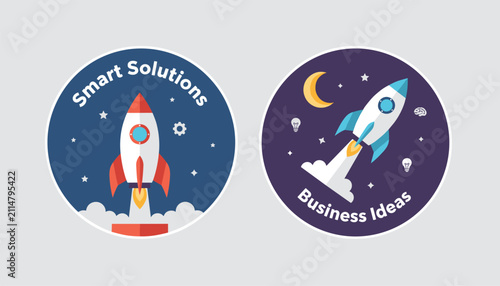 Business and technology rocket startup badges represent smart solutions and creative business ideas with flat icons.