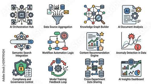 Fotografía Sleek AI and Data Integration Solutions Vibrant Icons Showcasing AI Orchestratio