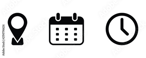 Classic style calendar, clock, and map pin are used for event planning, delivery and tracking system. Black date, time and location outline art vector symbol.