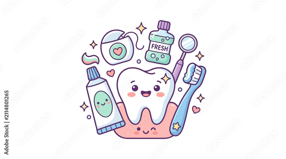 Naklejka premium Smiling kawaii tooth with toothpaste and mouthwash icons.