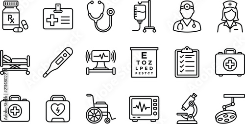 Medical healthcare and clinical hospital equipment line icon set for doctor nurse and first aid services