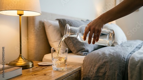 Person pouring fresh water from a glass carafe into a cup