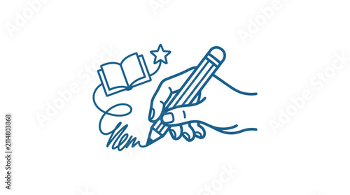 Hand Writing With Pencil Next To Open Book And Star