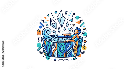 Man Relaxing in Hot Tub with Abstract Shapes