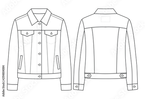 Women’s Denim Jacket Technical Fashion Sketch Front Back and Side Views
