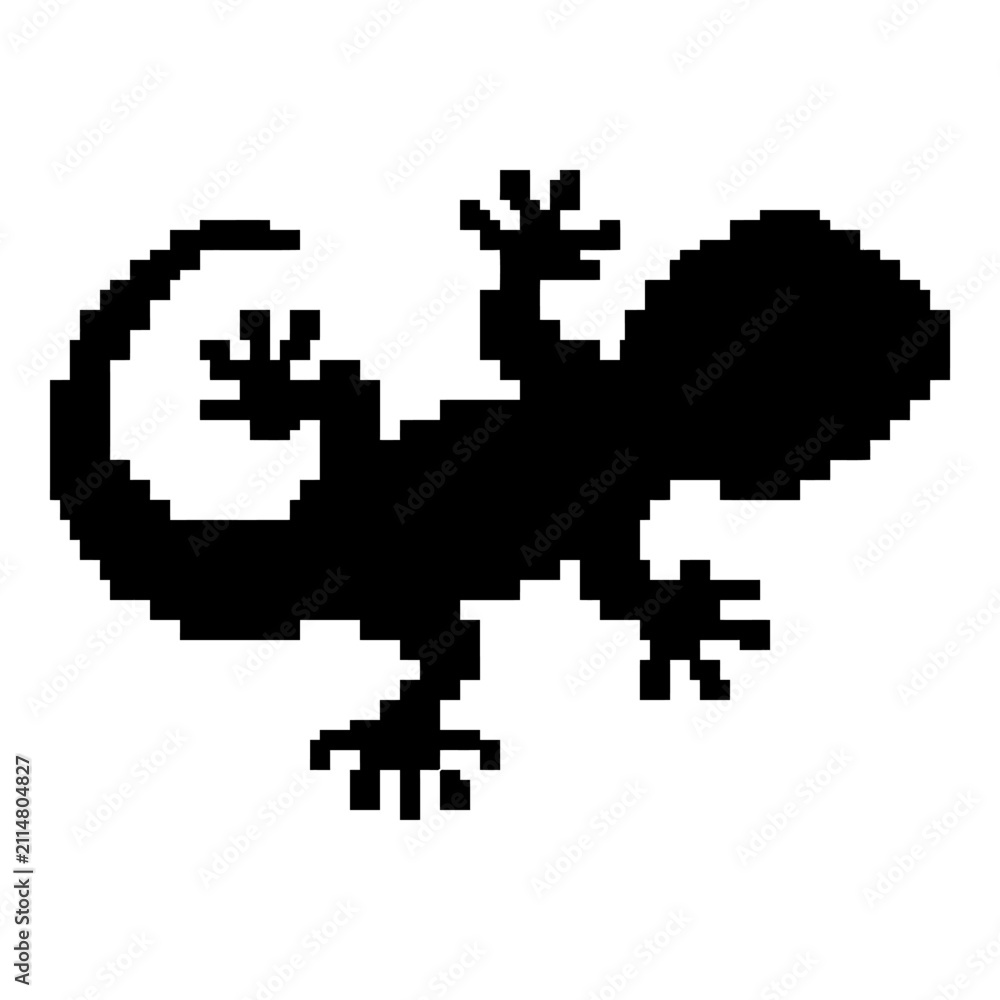Fototapeta premium Top-down view pixel art gecko silhouette.