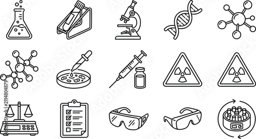Bild auf Leinwand Science laboratory research and biotechnology line icon set for chemical enginee