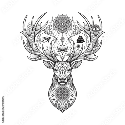 Intricate black and white sacred stag illustration featuring ornate antlers, Norse runes, lotus mandalas, Eye of Horus, Valknut, and mystical geometric tattoo line art in symmetrical composition
