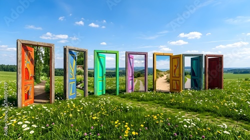 Doors stand open in a green field to represent new opportunities and transitions.