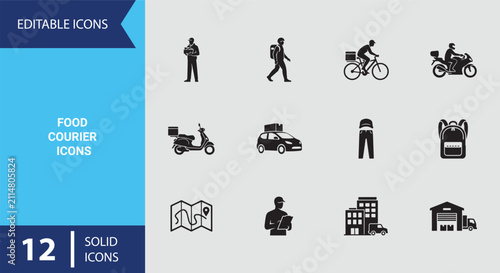Konstfotografi Food Courier Rider and Mobile Dispatch Service Solid Icon Set for Online Orderin