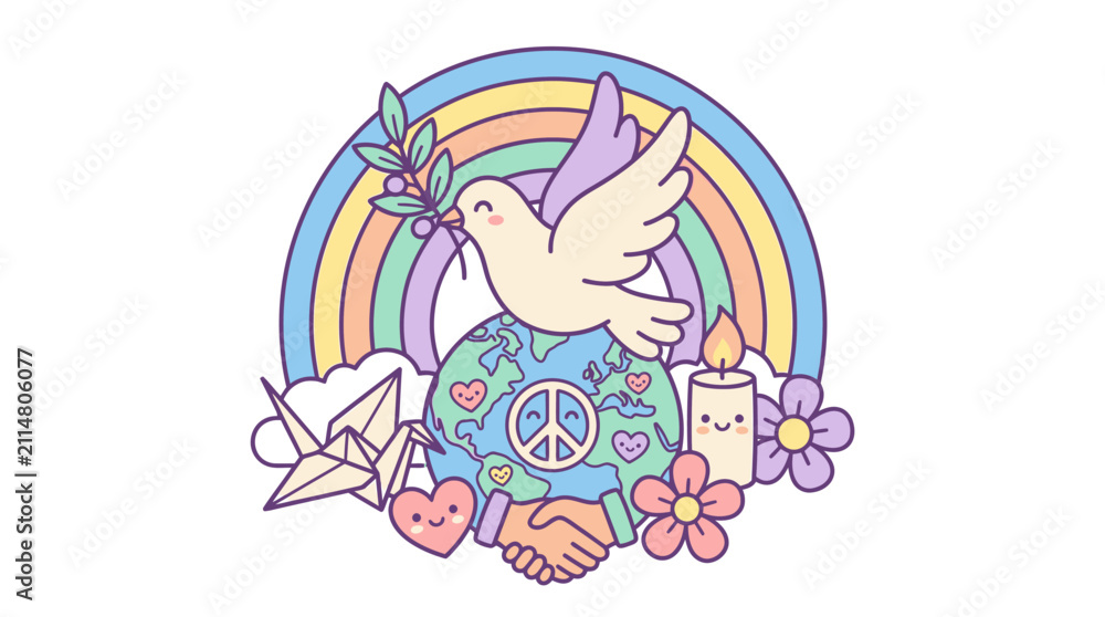 Obraz premium Vibrant world peace illustration with dove earth and rainbow.
