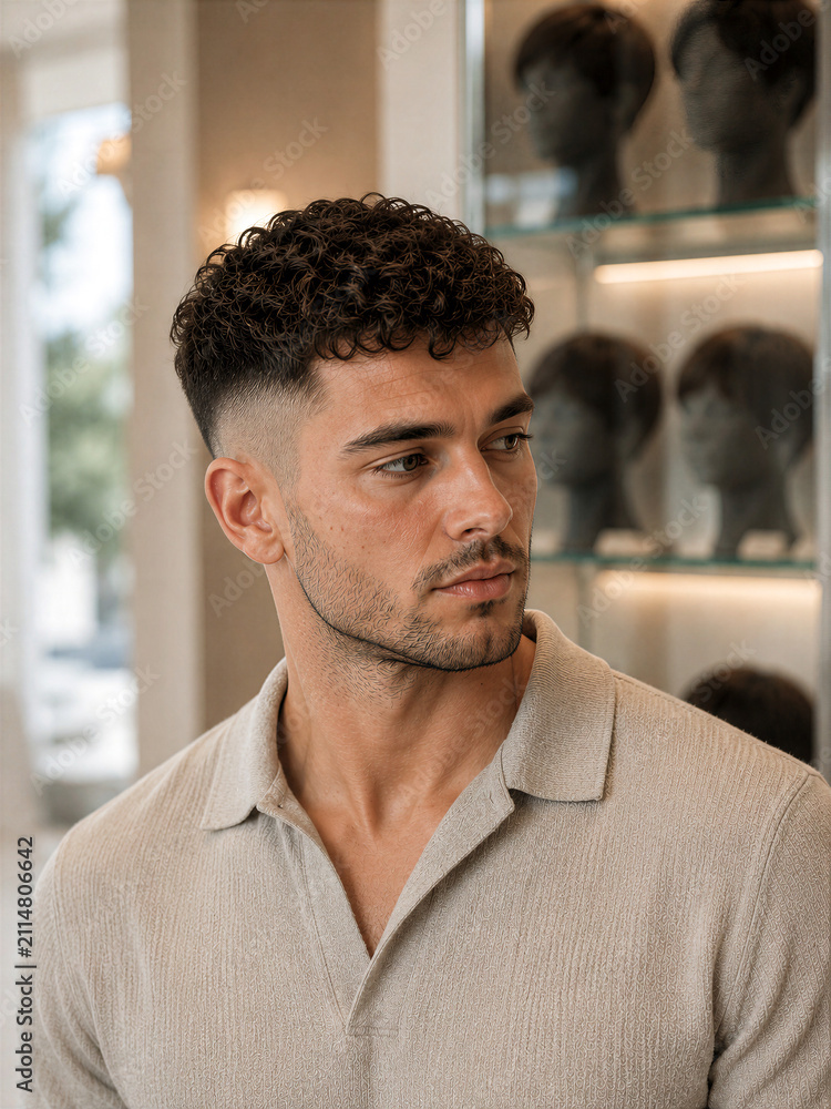 Fototapeta premium Man with curly hair wearing a light sweater in a salon setting