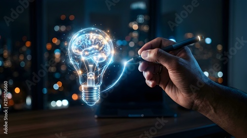 Creative thinker uses a digital pen to design a glowing lightbulb brain concept.