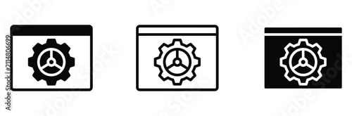 WebWeb settings vector icon set, browser cog wheel symbol for website optimization page setup system configuration programming app dashboard development internet engineering, flat linear outline style