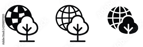 WebEcology vector icon set, planet earth tree symbol for green environment protection global nature conversation climate change saving sustainability agriculture forestry garden, flat linear outline s
