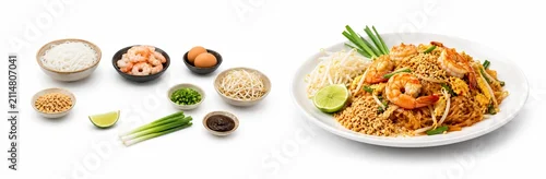 Panel kuchenny z motywem Authentic Thai Pad Thai noodle recipe set with shrimp and ingredients isolated on white