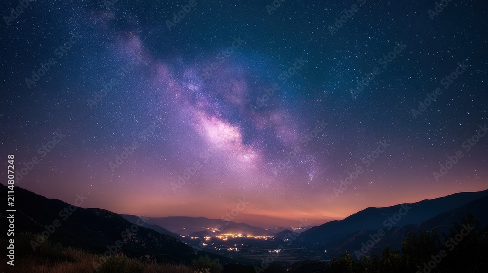Fototapeta premium Night sky with bright Milky Way galaxy over mountain valley town. Cosmic landscape with star field and planet observation. Astronomy and natural science travel background scenery.