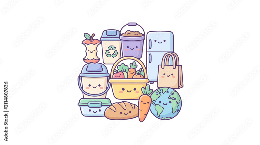 Naklejka premium Zero waste kitchen essentials with cute earth character.