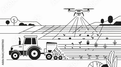 Modern farm with tractor planter and drone surveying crops